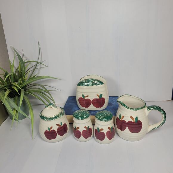 Vintage Alco Apple Garden Set Salt Pepper Shakers, Napkin Holder, Sugar Creamer - Picture 1 of 9